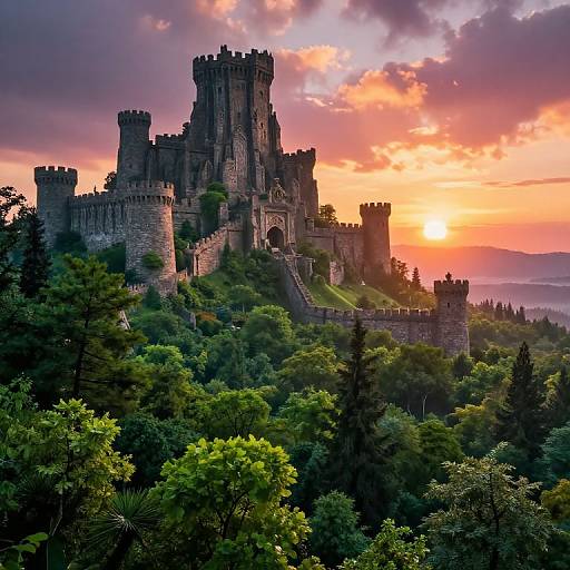 Photograph of a majestic medieval castle with tall towers, surrounded by lush green trees, at sunset with vibrant orange and pink sky.