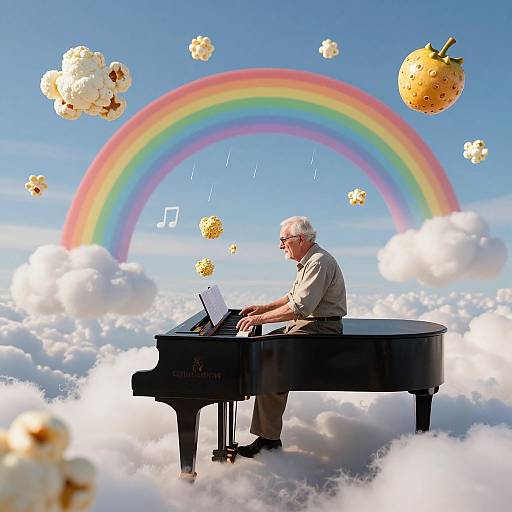 Photograph-style digital art: elderly man with white hair, glasses, playing black grand piano on cloud field, rainbow, floating doughnuts, blue sky