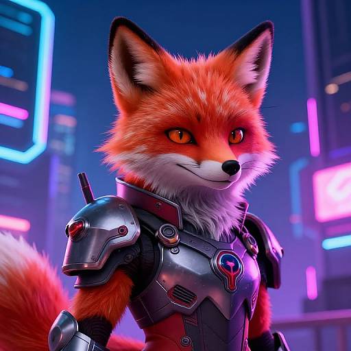 Digital artwork of an anthropomorphic red fox with glowing orange eyes, wearing futuristic black armor, set against a neon-lit cityscape background.