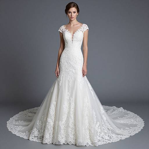 Photograph of a fair-skinned woman with dark hair in an elegant, white lace wedding gown with a deep V-neck and short sleeves, standing against