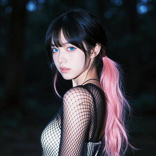 Photograph of a young woman with striking blue eyes, black fishnet top, and pink hair in pigtails, against a dark forest background,