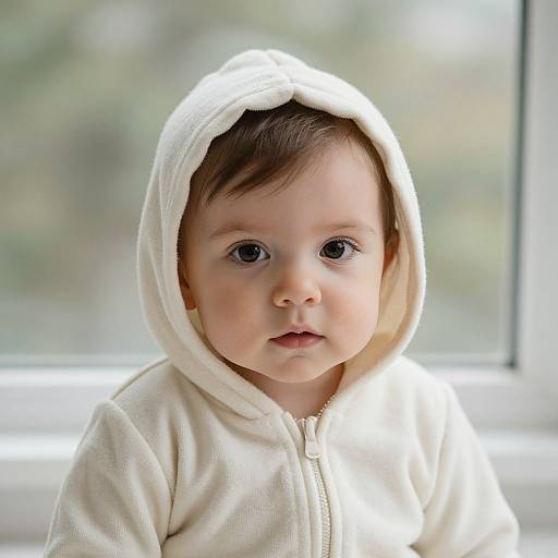 Baby in White Hooded Outfit