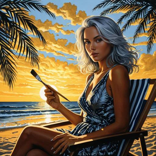 Elegant Silver-Haired Sunset Painter at Beach