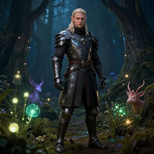 Digital artwork of a stern, blonde, elven warrior in black, shiny armor standing in a mystical, dark forest with glowing mushrooms and ethereal creatures