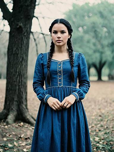 Woman in Blue Vintage Dress with Braided Hair