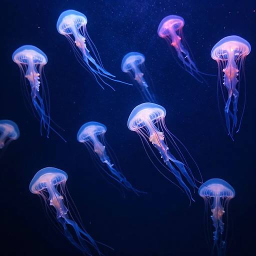 Photograph of glowing blue and purple jellyfish with translucent bodies and long, flowing tentacles, floating in a dark blue underwater scene.