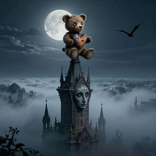 Digital artwork: A teddy bear with a heart patch sits on a gothic castle spire under a full moon, with a bat flying nearby and