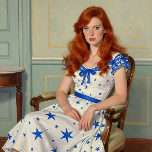 Photorealistic digital painting of a fair-skinned, red-haired woman in a blue-starred white dress, sitting on a vintage chair in a past