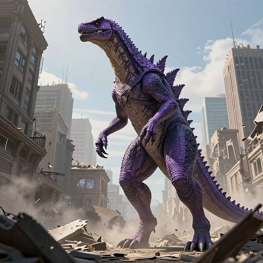 CGI image of a towering, purple, scaly, Godzilla-like creature standing in a destroyed, urban cityscape with crumbling buildings and dust.