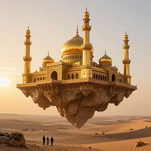 Photograph of a golden, Mughal-style floating mosque with four domes and minarets, set in a desert at sunset, with three