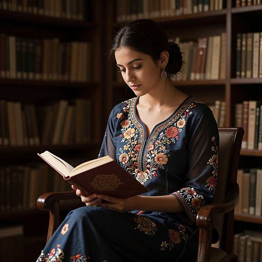 Graceful Woman Reading in Library