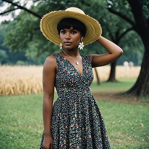 Dark-Skinned Woman in Floral Dress and Straw Hat Outdoors