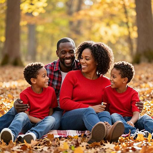 Photograph of a joyful African-American family of four sitting on a colorful autumn blanket, surrounded by fallen leaves, wearing red shirts, smiling, and embracing