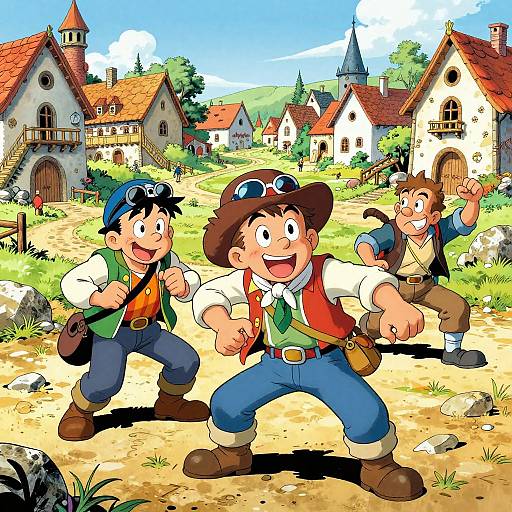 Colorful cartoon illustration of three cheerful boys in adventurer outfits, posing in a sunny, medieval village with red-roofed houses and greenery.