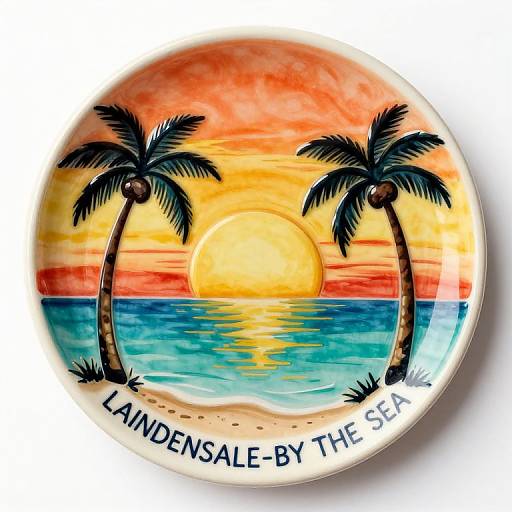 Colorful ceramic plate featuring a sunset over a tropical ocean with two palm trees, labeled 