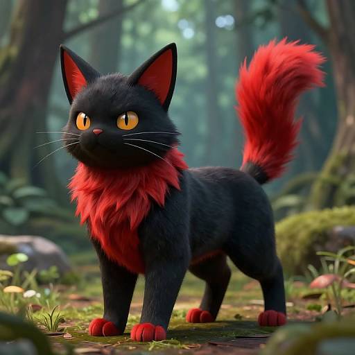 Digital art of a black cat with vibrant red fur on chest, paws, and tail, standing in a lush, forested meadow. Bright