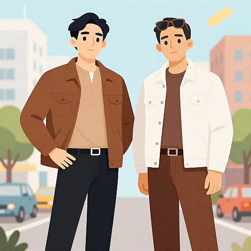 Two Men in Colorful Cityscape Illustration