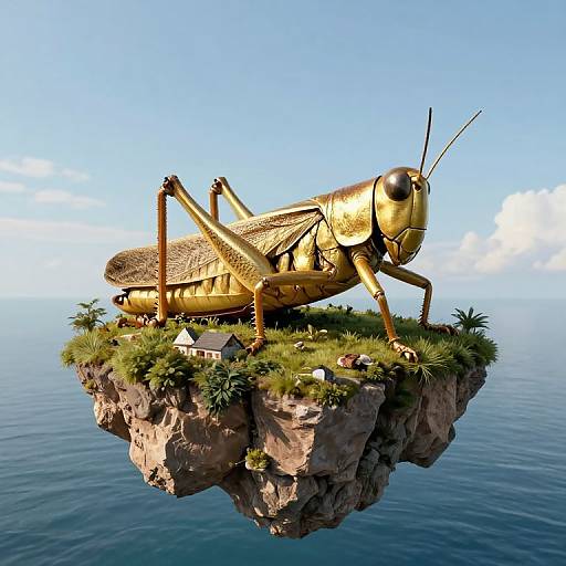 Digital illustration of a golden, giant grasshopper on a grassy, rocky island floating above a calm, blue ocean under a clear sky.