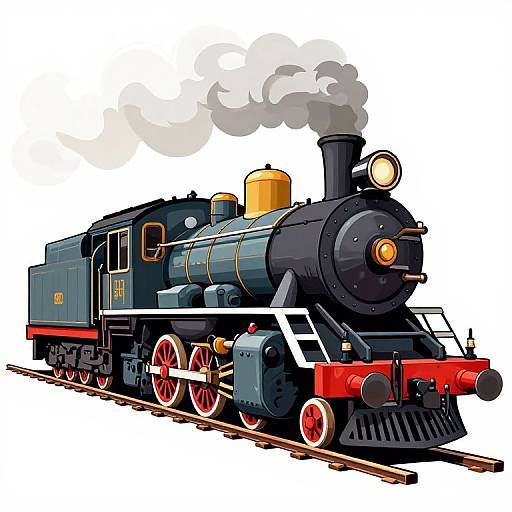 Colorful digital illustration of a vintage black steam locomotive with yellow top, red wheels, and white smoke, on railway tracks.