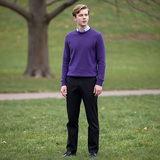 Photograph of a young man with light brown hair, wearing a purple sweater, white shirt, black pants, and black shoes, standing in a grass