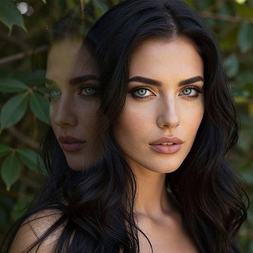 Photograph of a striking woman with long black hair, blue eyes, and full lips, standing in front of a blurred green leafy background with her