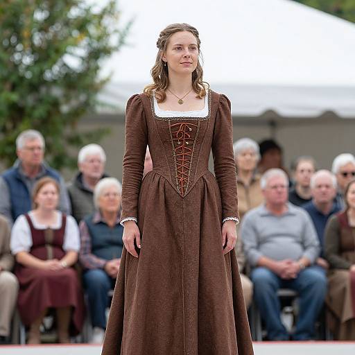 Photograph of a young woman with light brown hair in a brown, long-sleeved, medieval-style dress, standing on a stage in front of