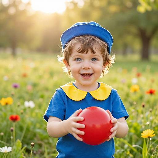 Photograph of a smiling, blue-eyed toddler with curly brown hair, wearing a blue shirt with yellow collar, blue cap, holding a red ball in