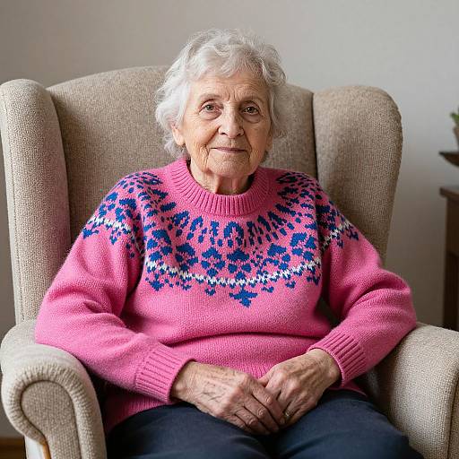 Photograph of an elderly woman with white curly hair, wearing a pink sweater with blue and white floral pattern, sitting in a beige armchair, hands