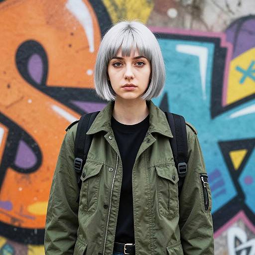 Photograph of a pale-skinned woman with silver bob haircut, wearing a green military jacket and black shirt, against colorful graffiti background.