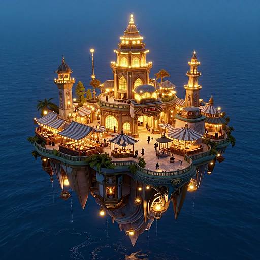 Photorealistic CGI of a glowing, ornate floating island restaurant at dusk, with warm lights, striped awnings, and small figures, surrounded by