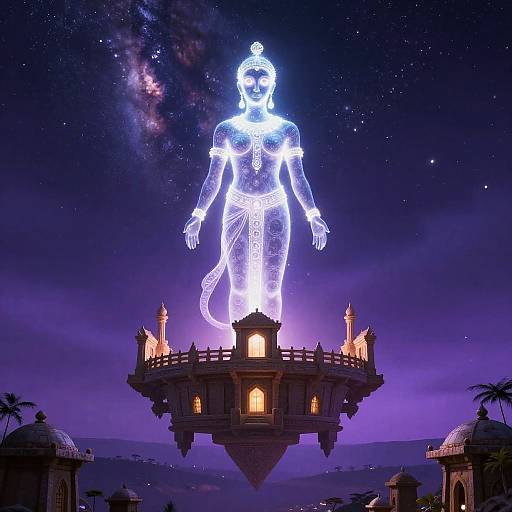 Glowing, ethereal blue deity figure stands on floating temple with lit torches, against a starry, cosmic night sky backdrop. Digital art