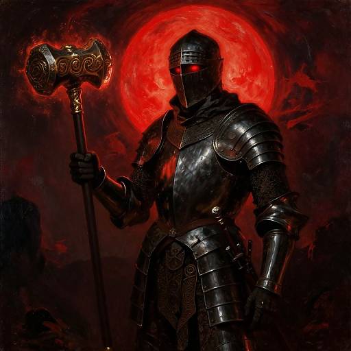 Digital art of a dark, armored knight with glowing red eyes, holding a golden hammer, set against a fiery red moon.