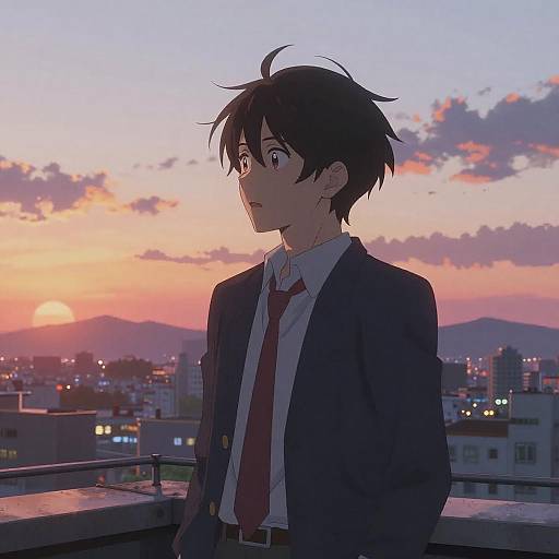 Anime-style digital drawing of a young man with black hair, wearing a dark suit, white shirt, and red tie, standing on a rooftop at sunset
