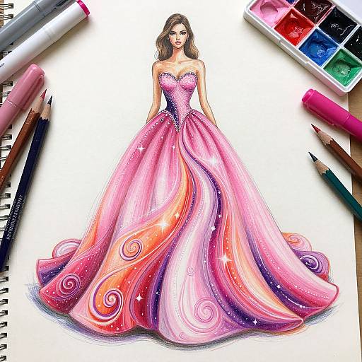 Digital drawing of a woman in a pink, strapless, swirl-patterned ball gown, surrounded by colored pencils and paints on a sketchbook page.