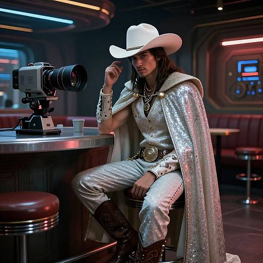 Futuristic Cowboy in Sci-Fi Lounge
