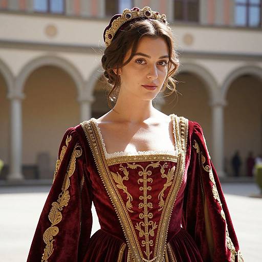 Photograph of a young woman with fair skin and dark brown hair, wearing an ornate, deep red Renaissance-style dress with gold embroidery, standing in