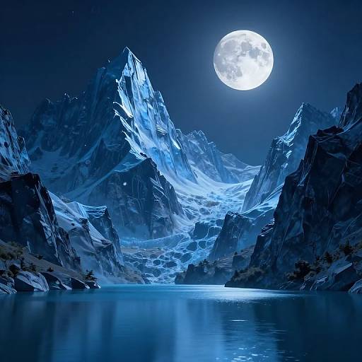 Digital artwork of a glowing full moon illuminating a serene, icy mountain landscape with jagged peaks and a reflective, blue-tinted lake.