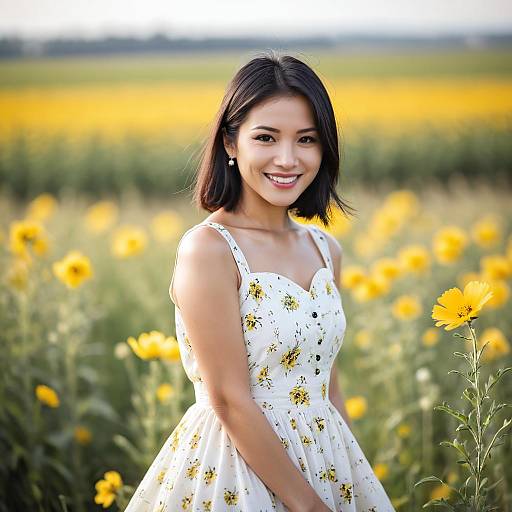 Smiling Asian Girl in Flower Field