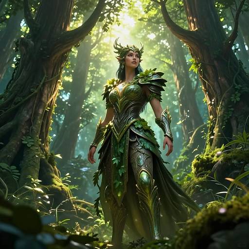 Digital artwork of a fierce, green-leaf adorned warrior queen standing in a sunlit, enchanted forest, wearing ornate, metallic armor.