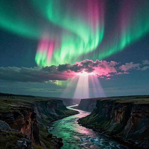 Photograph of vibrant green and pink auroras illuminating a night sky above a dark, rugged canyon with a reflective river winding through.