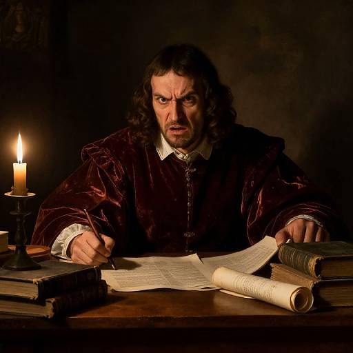Photograph of a menacing man with long dark hair, wearing a velvet dark robe, quill in hand, under candlelight, with scrolls and books
