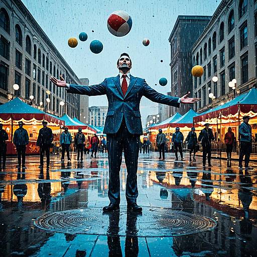 Juggling Performer in Rainy City Plaza