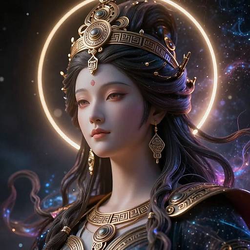 Digital artwork of a regal, fair-skinned woman with long, wavy black hair, wearing an ornate golden crown and jewelry, haloed