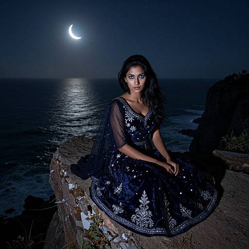 Photograph of a woman with dark hair in a black, sequined, floral-patterned dress, sitting on a cliff at night, under a cres