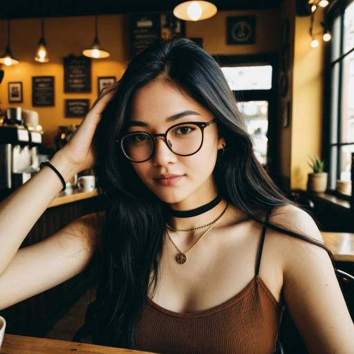 Young woman with glasses in cozy cafe