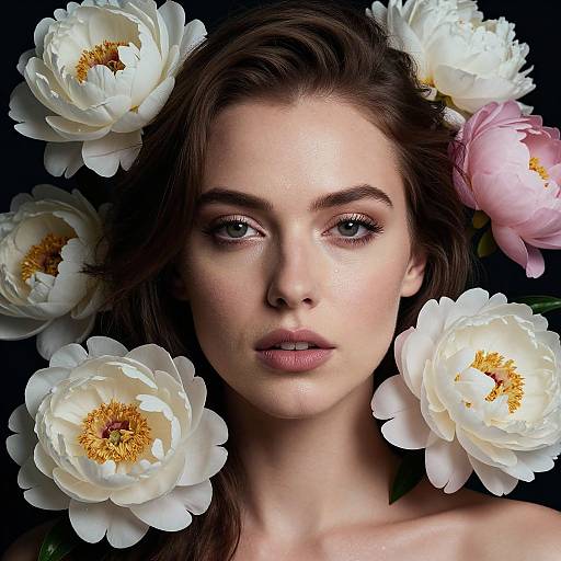 Photorealistic portrait of a fair-skinned woman with brown hair, surrounded by white and pink peonies, against a black background.