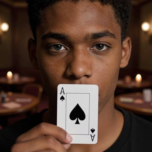 Close-up photograph of a young Black man with short curly hair, holding an Ace of Spades card in a dimly lit, candle-lit restaurant