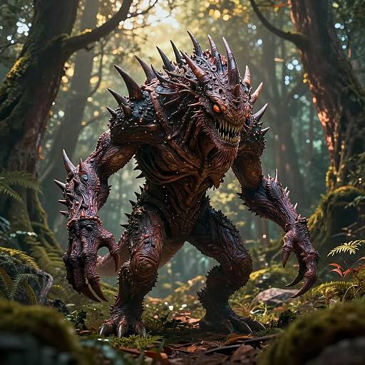 CGI fantasy forest scene featuring a menacing, dark-scaled, dragon-like creature with spiked armor, sharp claws, and glowing red eyes, standing amidst