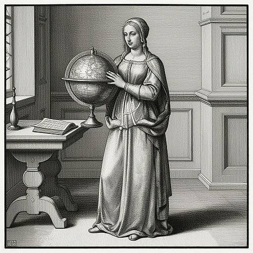 Black-and-white engraving of a serene, robed woman holding a globe, standing beside a desk with a book and candle.
