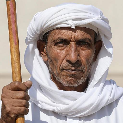 Middle-aged man with white headscarf holding wooden staff